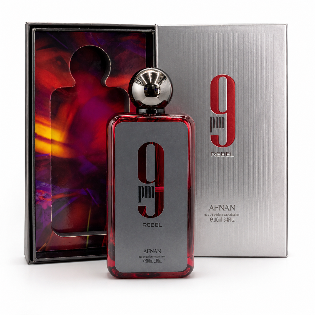 Afnan 9PM Rebel Eau de Parfum 100ml luxury perfume bottle with premium retail packaging on white background.