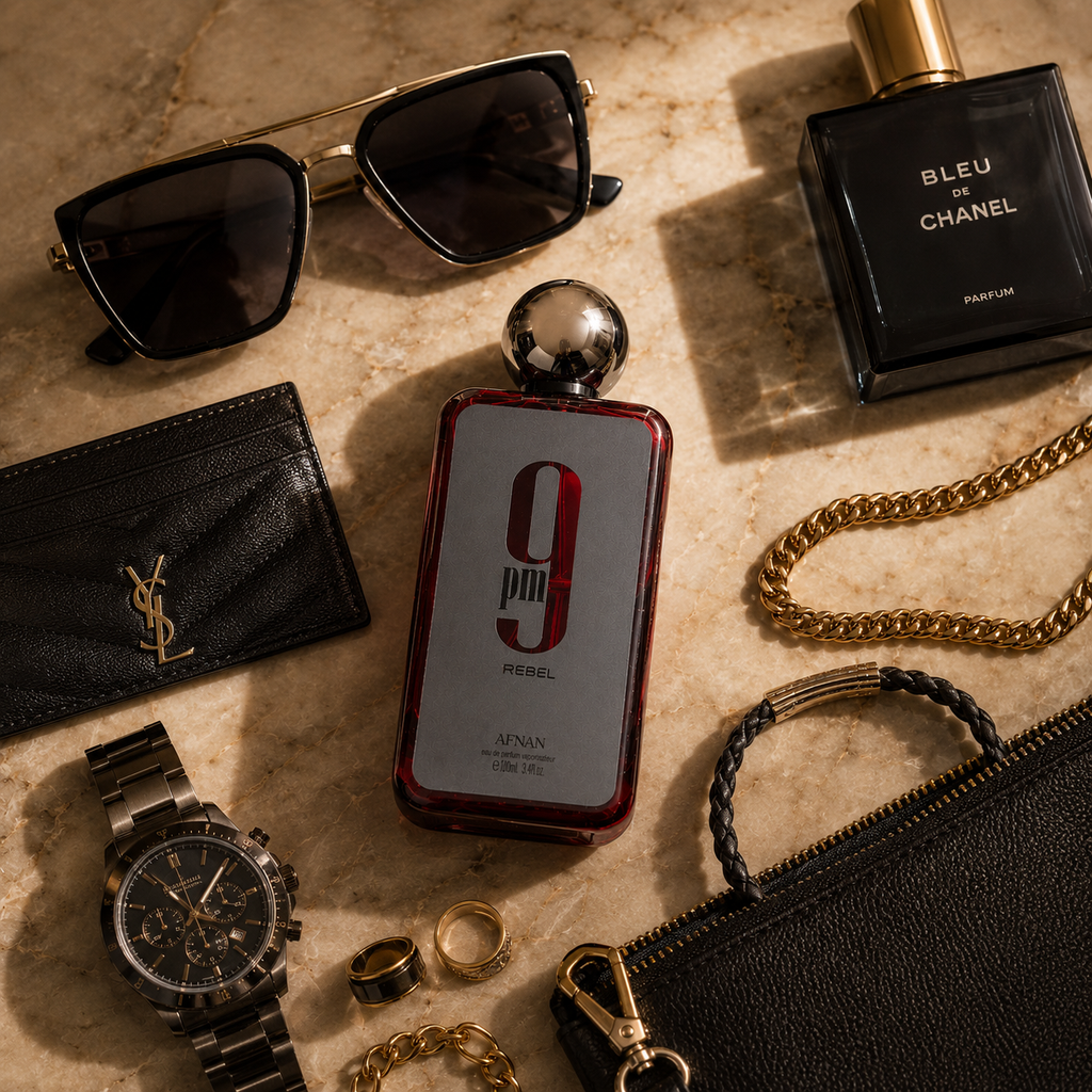 Afnan 9PM Rebel perfume arranged with luxury watch, sunglasses, jewelry, and leather accessories in premium flatlay composition.