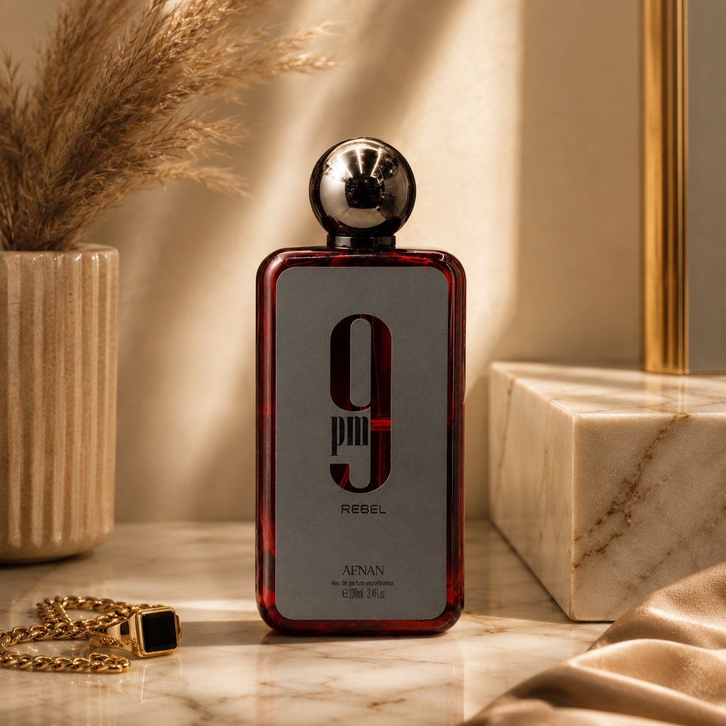Afnan 9PM Rebel luxury perfume bottle displayed on marble surface with premium editorial styling and elegant accessories.