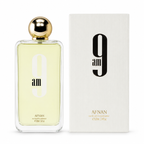 Afnan 9 AM Eau de Parfum 100ml luxury men's perfume bottle with gold cap and premium packaging on white background.