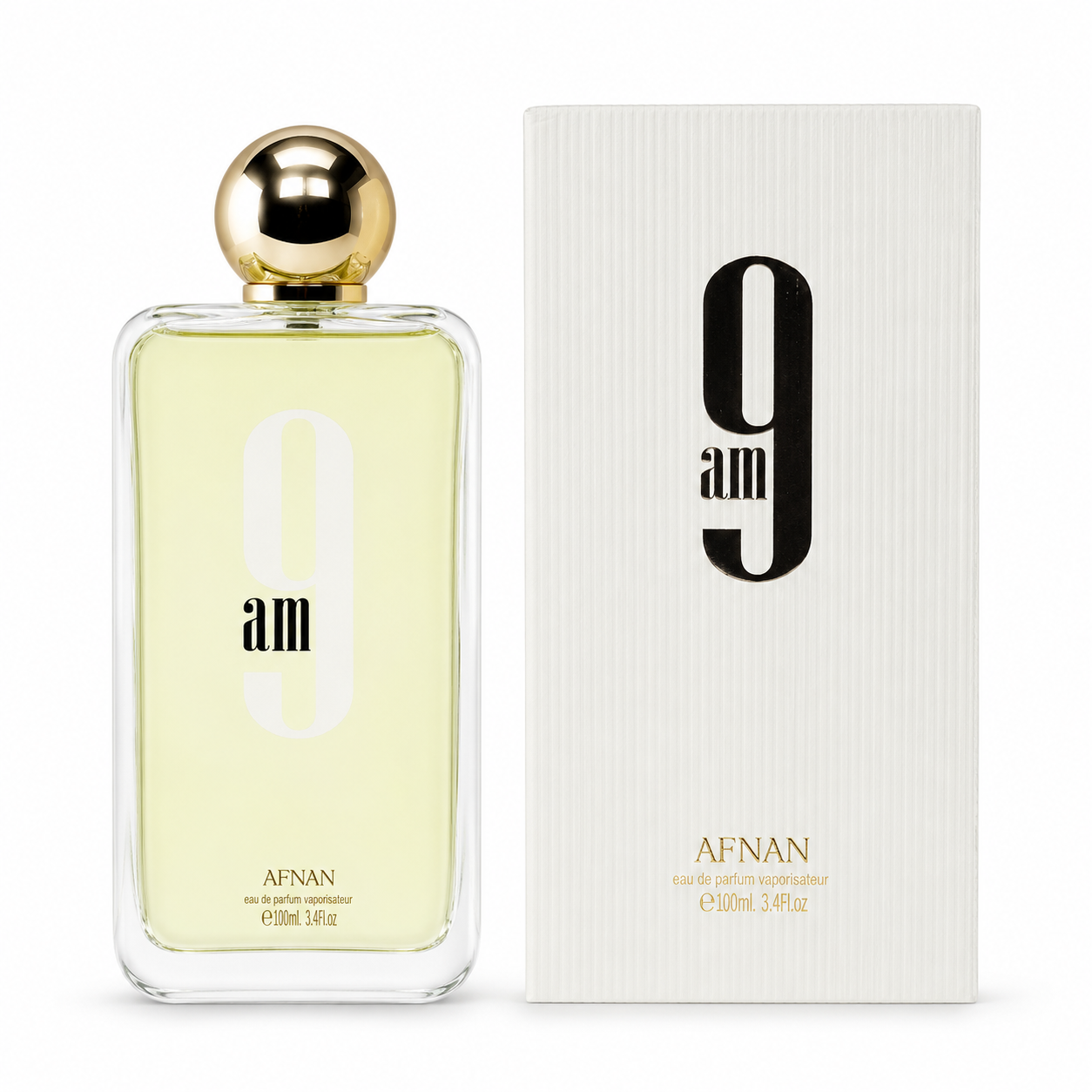 Afnan 9 AM Eau de Parfum 100ml luxury men's perfume bottle with gold cap and premium packaging on white background.