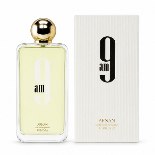 Afnan 9 AM Eau de Parfum 100ml luxury men's perfume bottle with gold cap and premium packaging on white background.