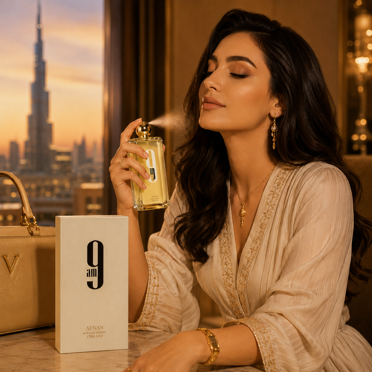 Elegant luxury lifestyle image featuring Afnan 9 AM Eau de Parfum in a premium fashion-inspired setting.