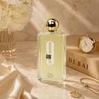 Afnan 9 AM Eau de Parfum displayed on a marble surface with luxury accessories and sophisticated beige styling.