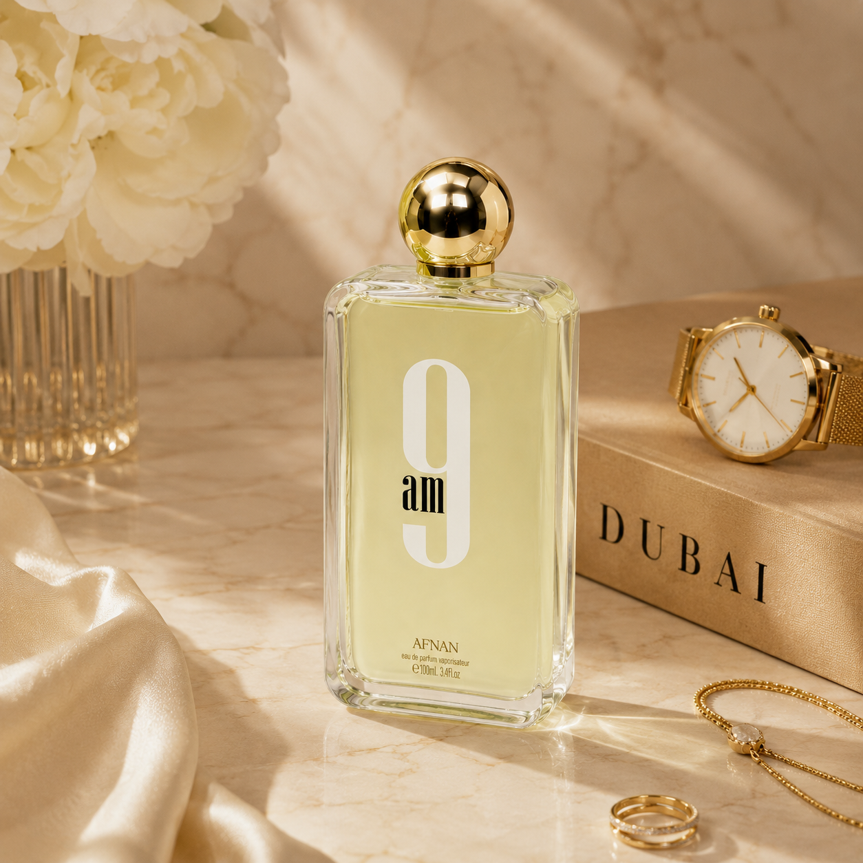 Afnan 9 AM Eau de Parfum displayed on a marble surface with luxury accessories and sophisticated beige styling.