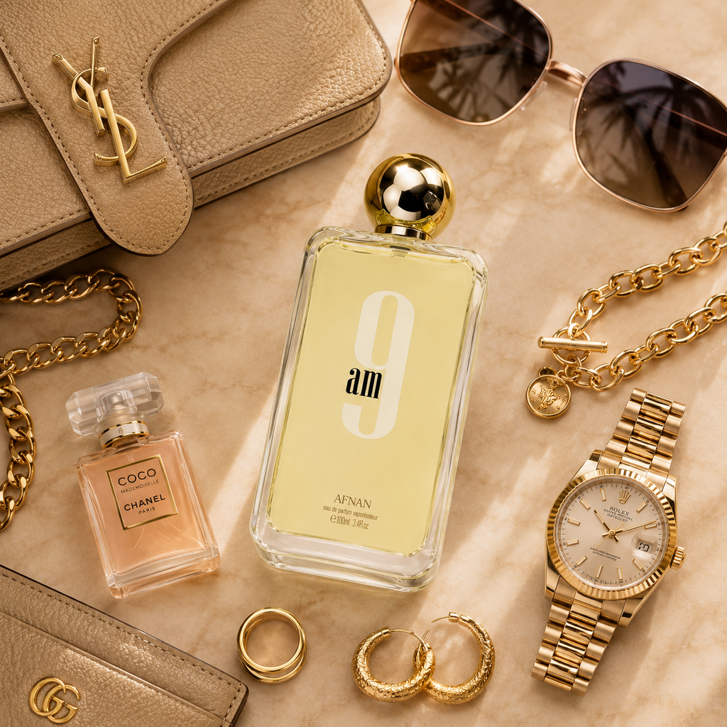 Luxury flat lay featuring Afnan 9 AM Eau de Parfum with sunglasses, watch, jewelry, and premium leather accessories.