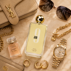 Luxury flat lay featuring Afnan 9 AM Eau de Parfum with sunglasses, watch, jewelry, and premium leather accessories.