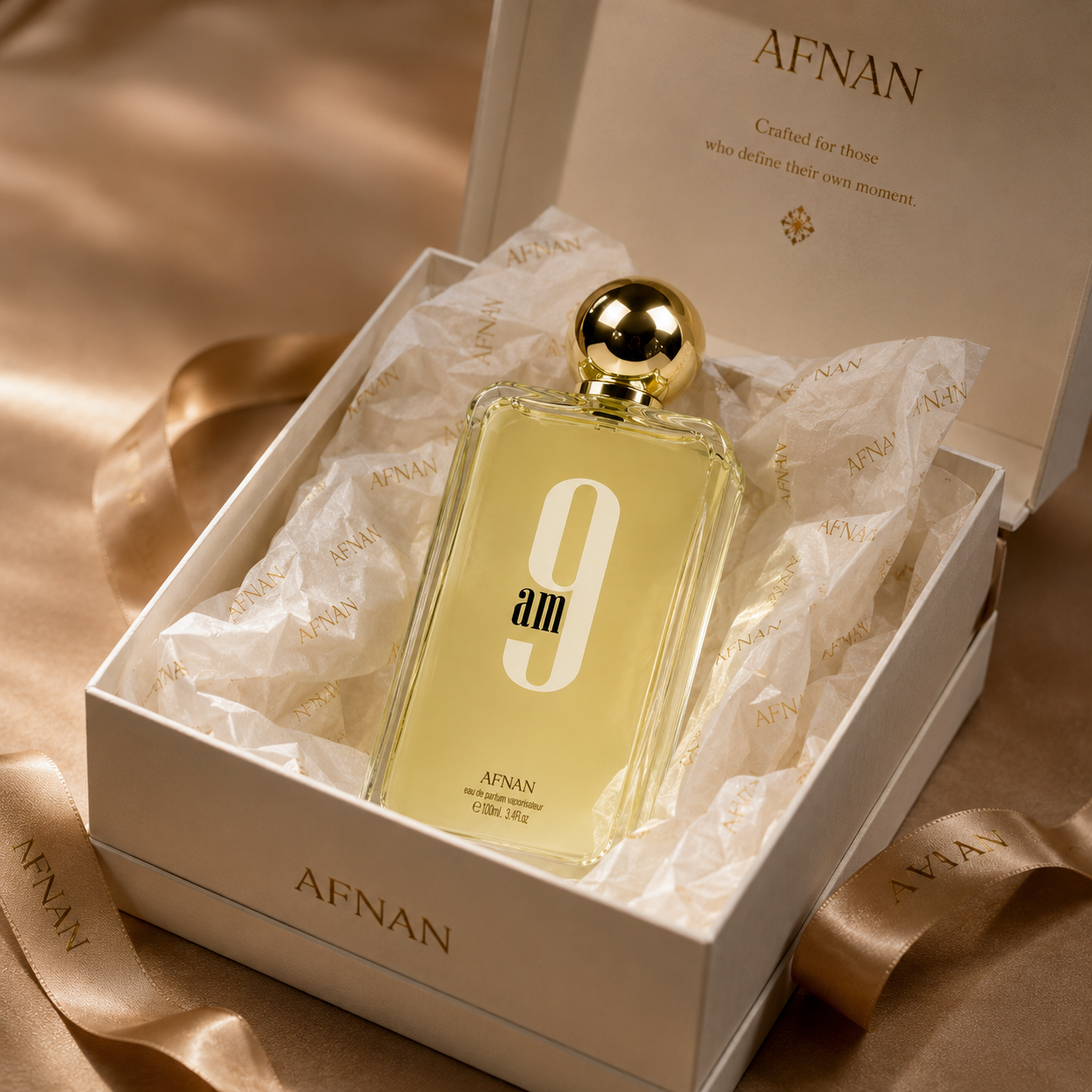 Afnan 9 AM Eau de Parfum presented in a luxury gift box with premium tissue paper and ribbon for an elegant unboxing experience.