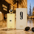 Afnan 9 AM Eau de Parfum displayed in a luxury Dubai-inspired lifestyle scene with elegant fashion accessories and premium ambiance.