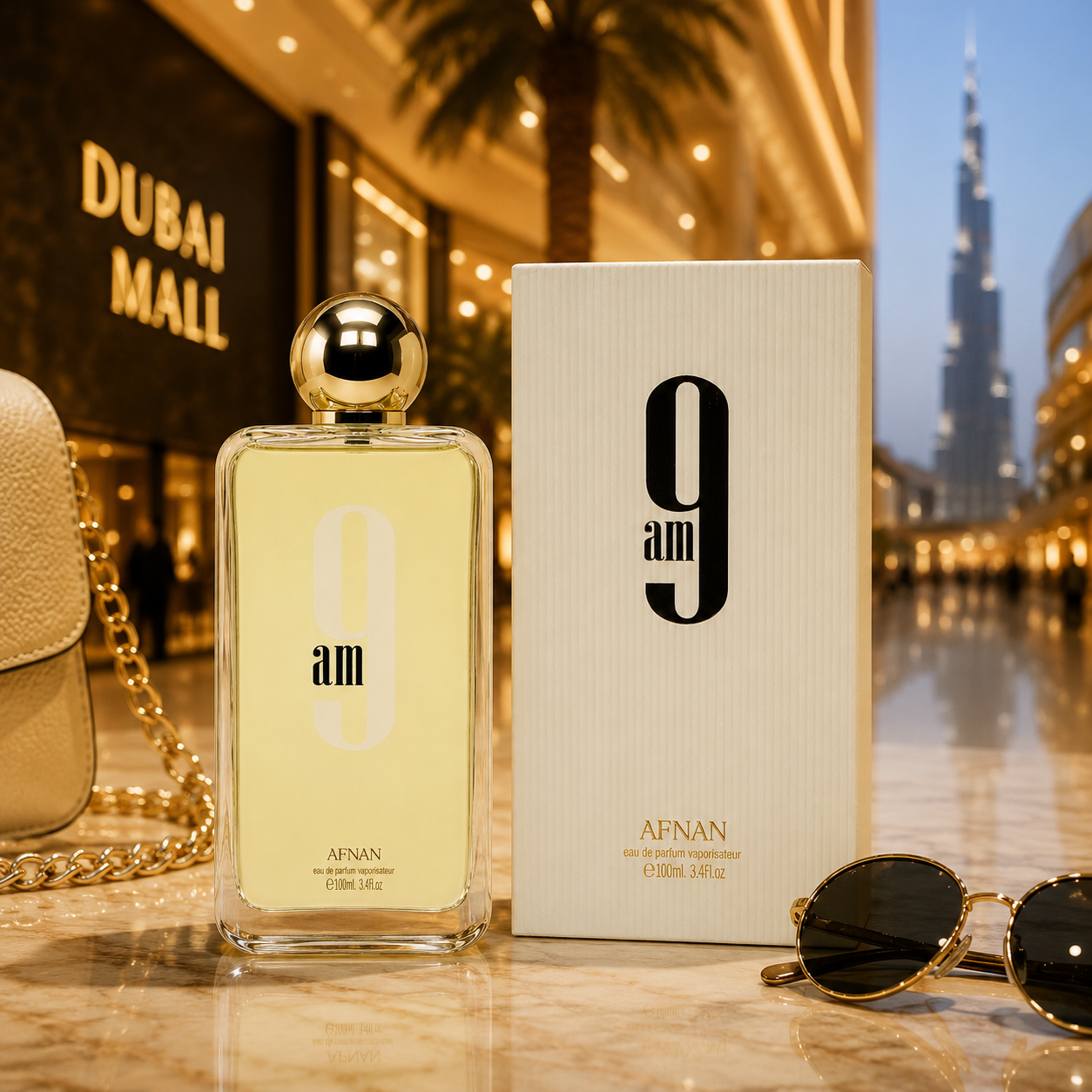 Afnan 9 AM Eau de Parfum displayed in a luxury Dubai-inspired lifestyle scene with elegant fashion accessories and premium ambiance.