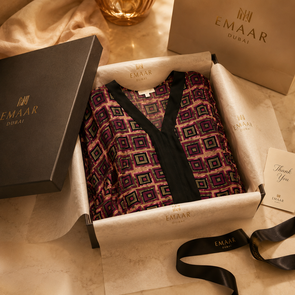 An open Emaar Dubai gift box containing a patterned robe or shawl in purple, burgundy, and green tones with black trim, alongside branded packaging boxes, tissue paper, and a black ribbon on a warm beige surface.