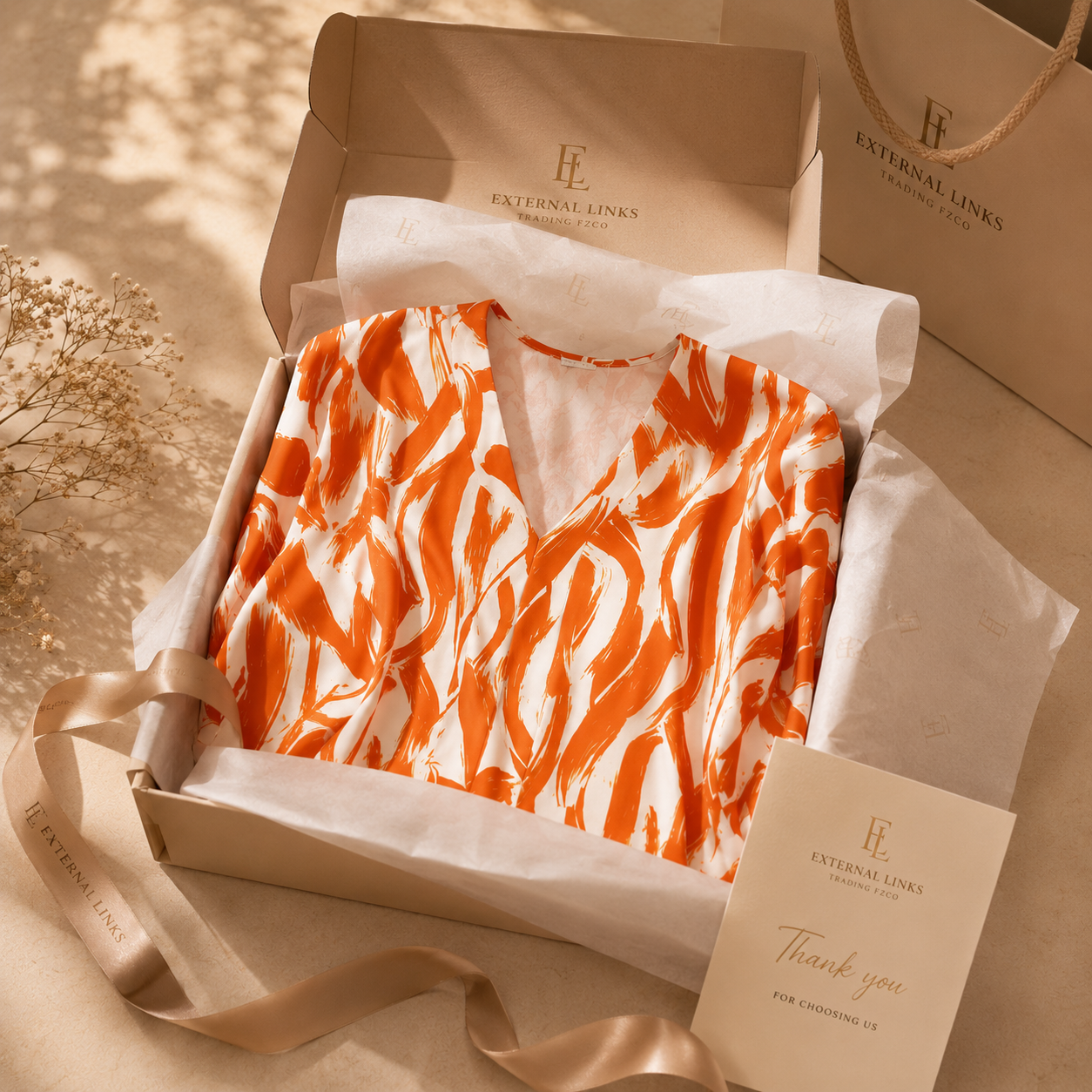 An open kraft gift box containing a white V-neck top with a bold orange abstract pattern. The box is lined with white tissue paper, branded with 'External Links', and includes a beige ribbon and a thank-you card.