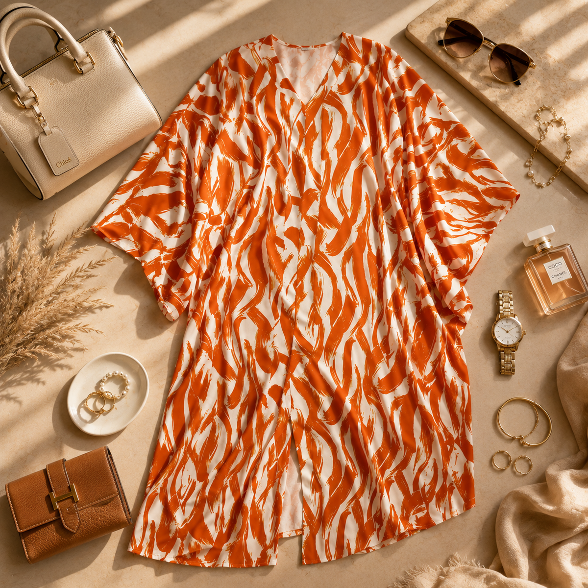 An orange and white tiger-stripe print kimono-style cover-up dress laid flat on a beige surface, surrounded by fashion accessories including a cream handbag, sunglasses, perfume bottle, watch, jewelry, and a brown wallet.