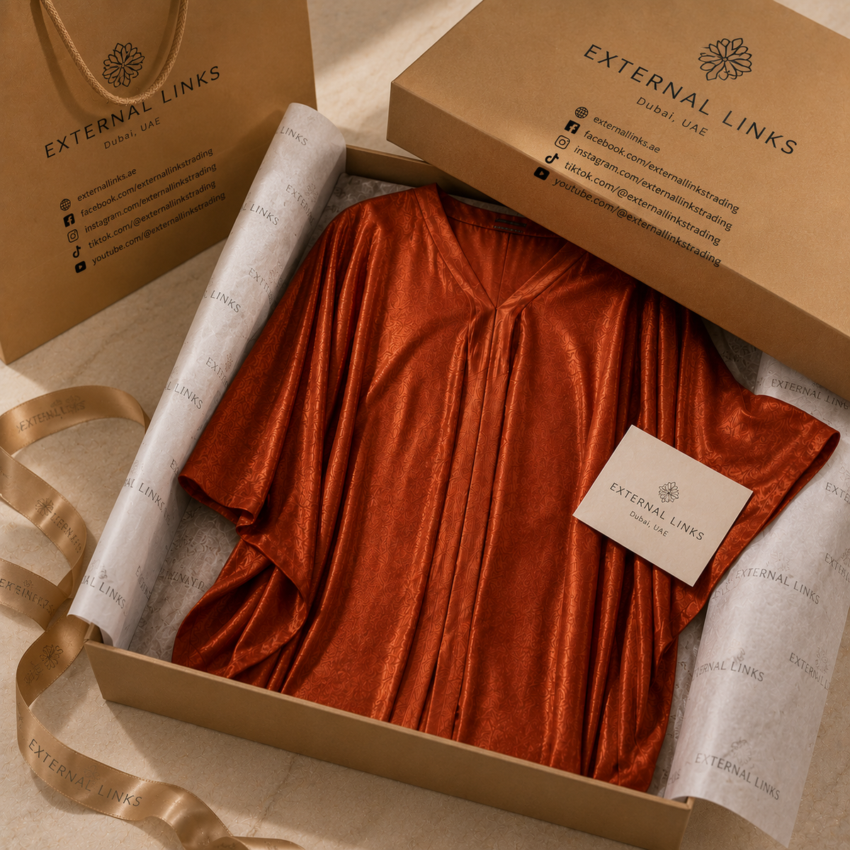 An orange rust-colored velvet top with a gathered neckline, presented inside a branded brown cardboard gift box with white tissue paper and a branded bag from External Links.