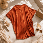An orange rust-colored short-sleeve kaftan dress with a V-neckline and gathered front detail, styled in a flat lay on a marble surface with beige accessories including a handbag, sunglasses, shoes, perfume, and a scarf.