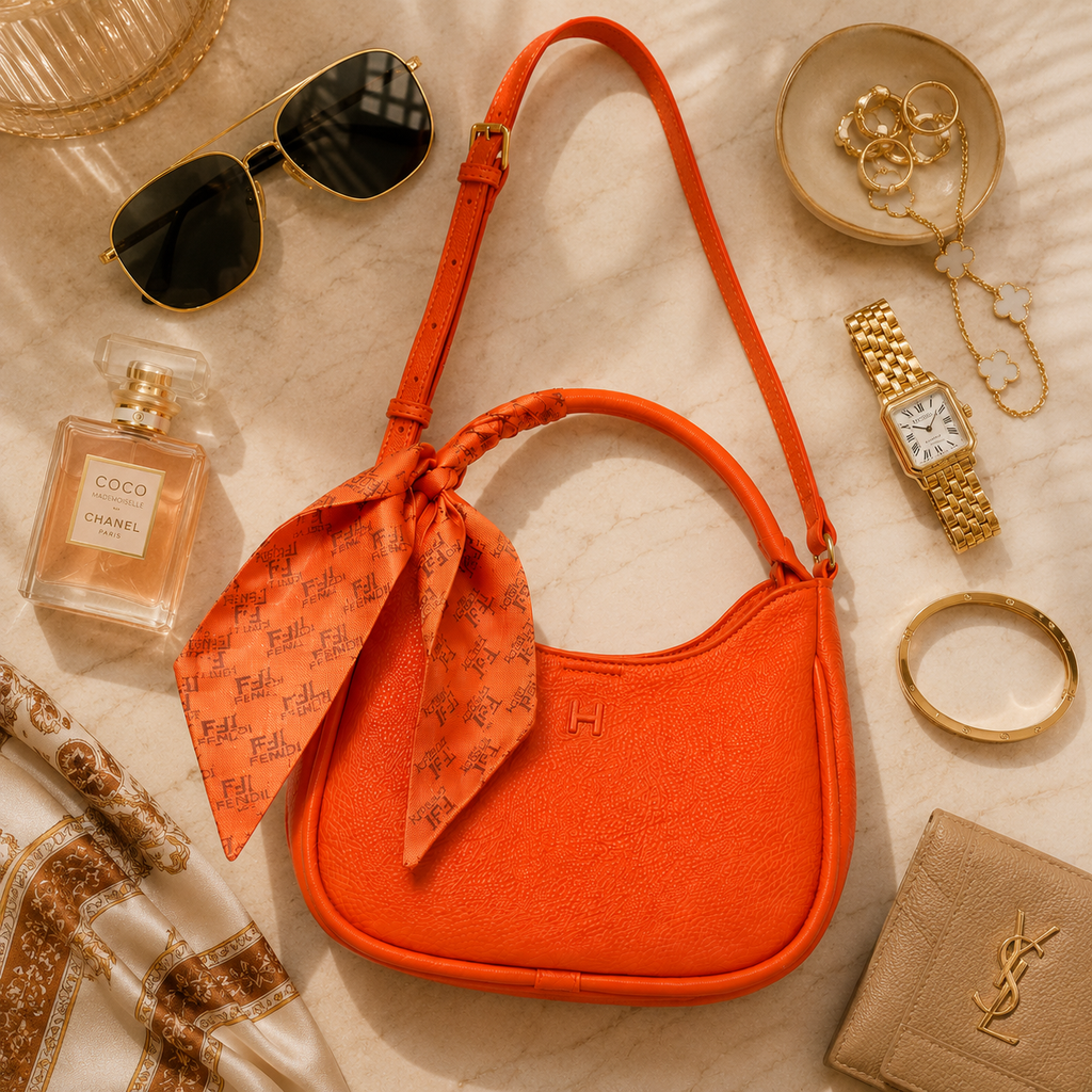 An orange textured leather shoulder bag with a matching orange monogram scarf tied in a bow at the handle, styled in a luxury flat-lay with gold accessories, a Chanel perfume bottle, sunglasses, and a beige YSL wallet on a marble surface.