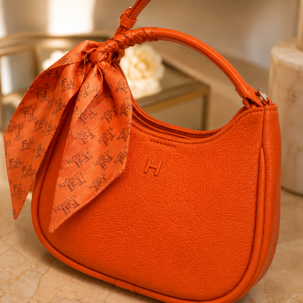 An orange textured leather shoulder bag with a matching orange silk scarf tied to the handle, set on a beige marble surface.