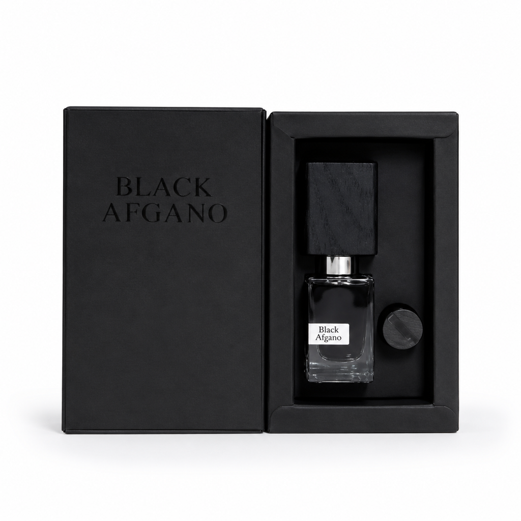Black Afgano luxury Eau de Parfum in premium presentation box on white background, elegant fragrance gift set for men and women.