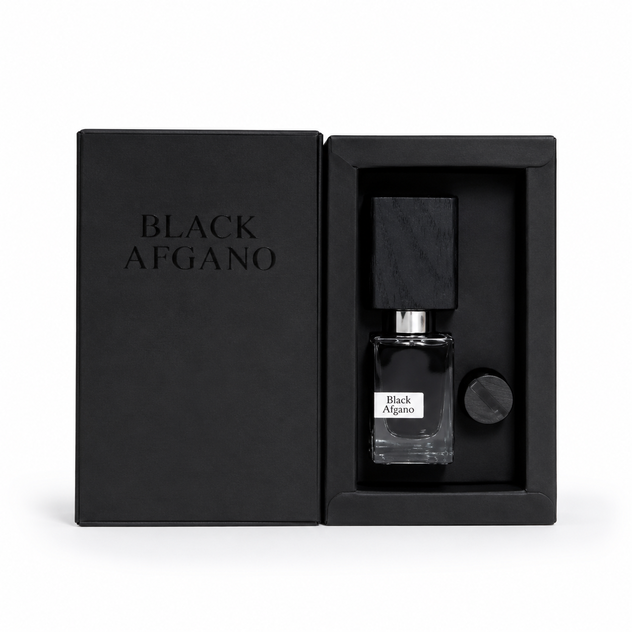 Black Afgano luxury Eau de Parfum in premium presentation box on white background, elegant fragrance gift set for men and women.