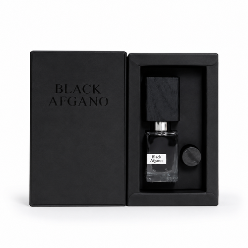 Black Afgano luxury Eau de Parfum in premium presentation box on white background, elegant fragrance gift set for men and women.