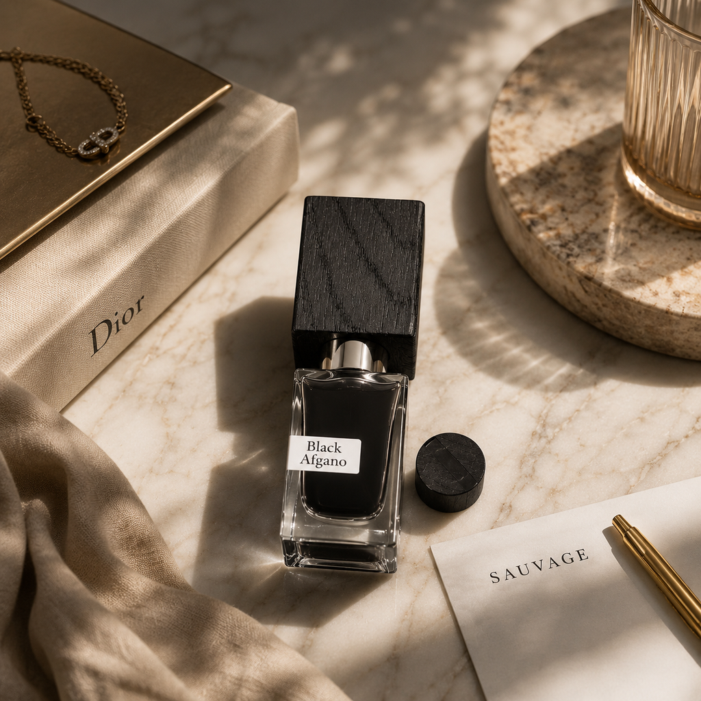 Black Afgano perfume displayed on marble surface with luxury accessories and soft natural lighting in editorial photography style.