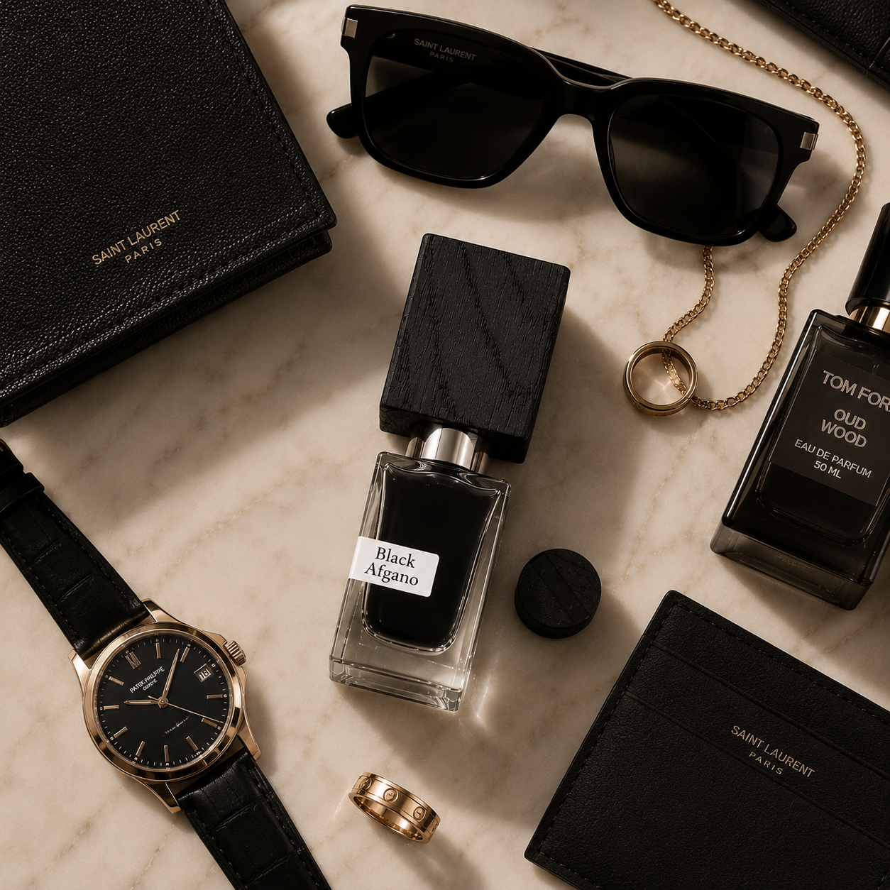 Black Afgano Eau de Parfum arranged with luxury sunglasses, watch, jewelry, and leather accessories on marble background.