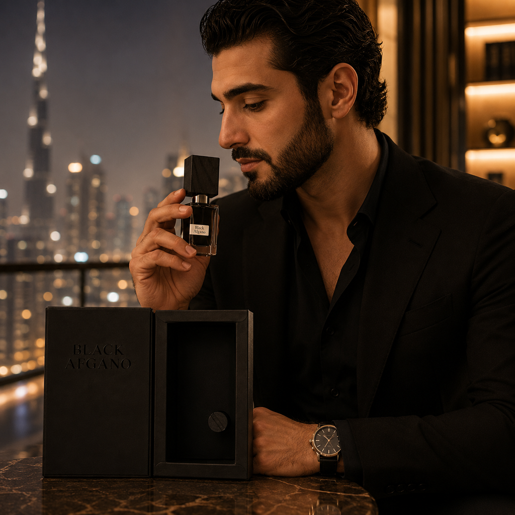 Elegant luxury fragrance lifestyle image featuring Black Afgano Eau de Parfum in a sophisticated UAE-inspired fashion setting.