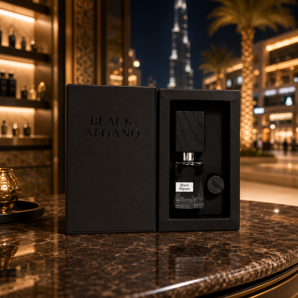 Black Afgano Eau de Parfum displayed in a luxury Dubai-inspired boutique environment with warm golden lighting and premium aesthetic.