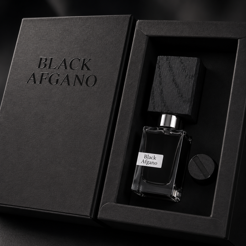 Close-up of Black Afgano perfume bottle showcasing premium materials, luxury craftsmanship, texture, and elegant finishing.