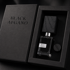 Close-up of Black Afgano perfume bottle showcasing premium materials, luxury craftsmanship, texture, and elegant finishing.