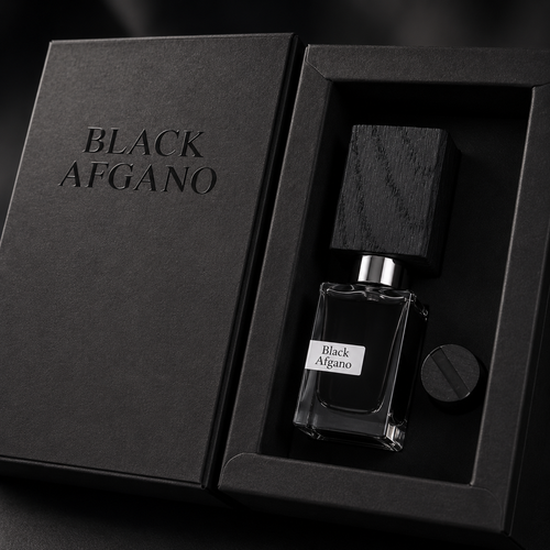 Close-up of Black Afgano perfume bottle showcasing premium materials, luxury craftsmanship, texture, and elegant finishing.