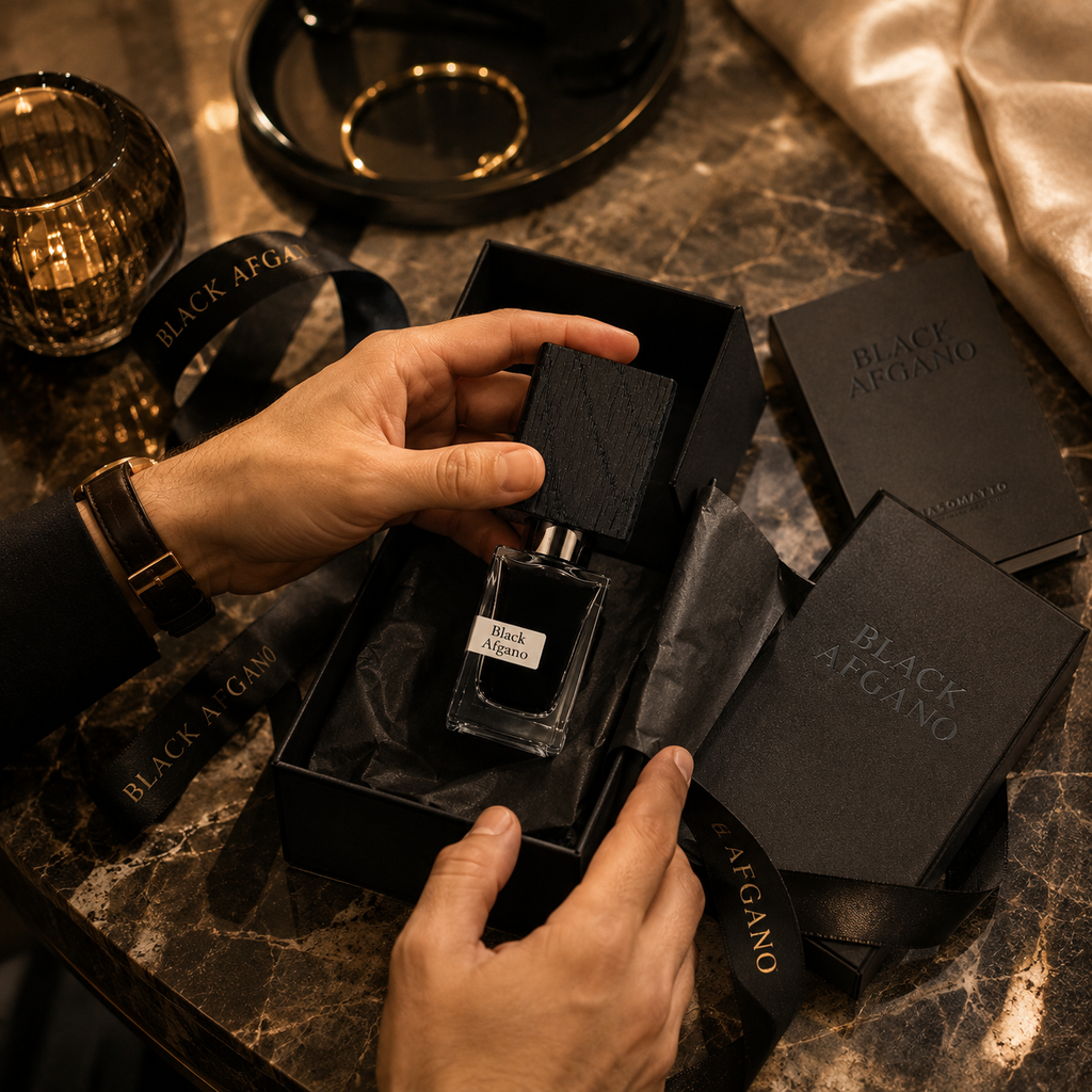 Black Afgano luxury perfume being removed from premium gift box with tissue paper and ribbon for a luxury unboxing experience.
