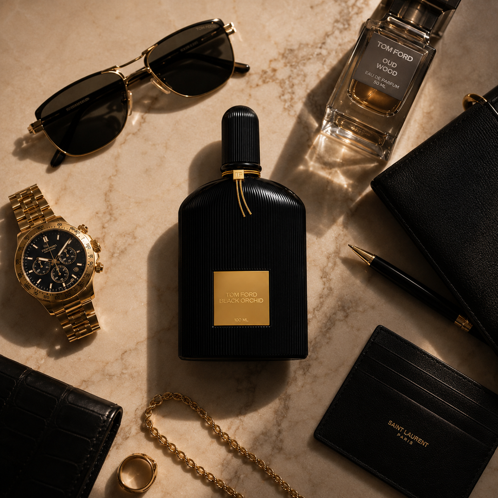 Premium flat lay featuring Black Orchid Eau De Parfum with luxury watch, sunglasses, jewelry, and leather accessories on marble background.