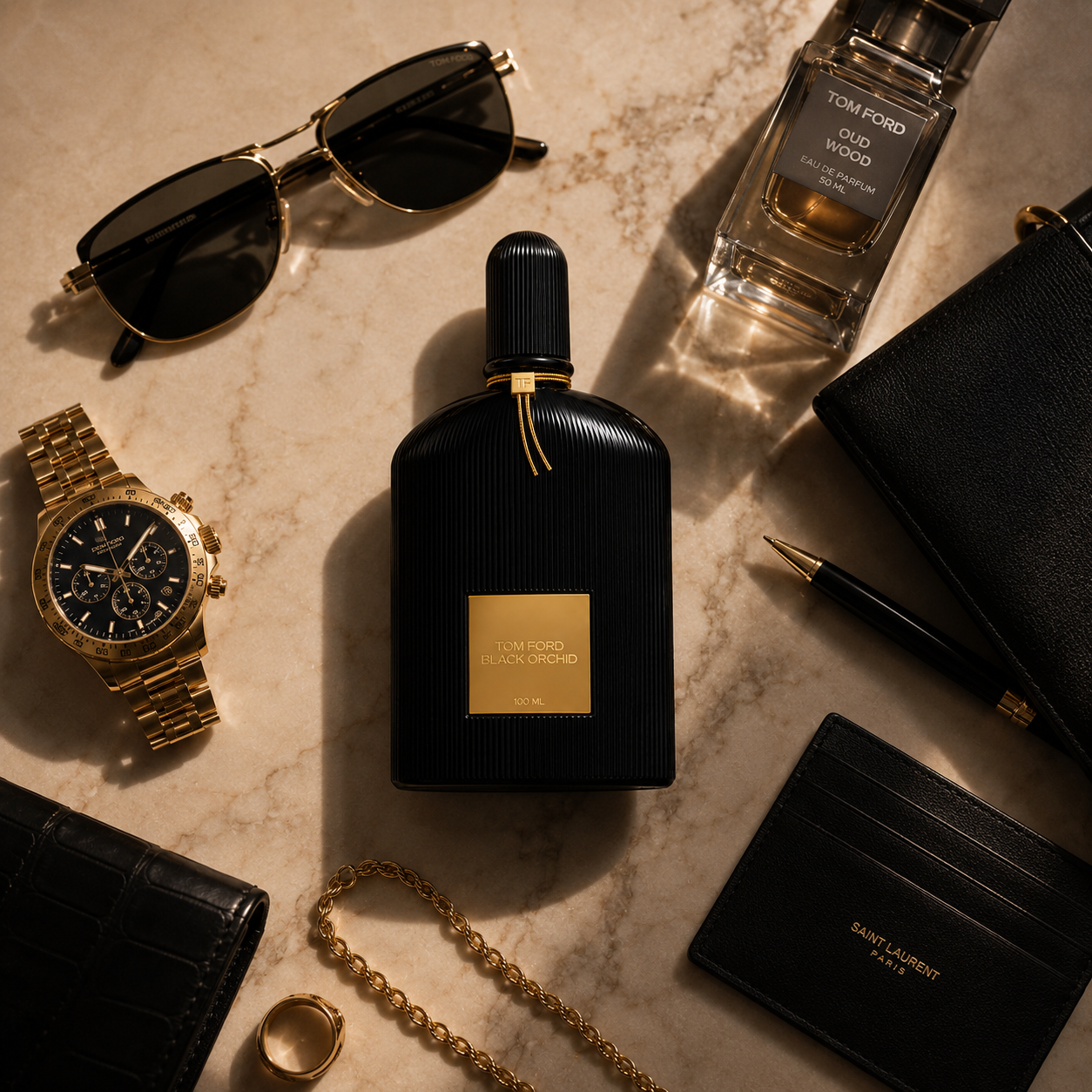 Premium flat lay featuring Black Orchid Eau De Parfum with luxury watch, sunglasses, jewelry, and leather accessories on marble background.
