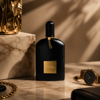Black Orchid Eau De Parfum displayed on marble surface with luxury accessories and soft beige tones in editorial-style photography.