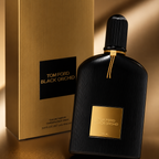 Close-up view of Black Orchid Eau De Parfum bottle highlighting premium texture, craftsmanship, luxury finish, and elegant gold details.