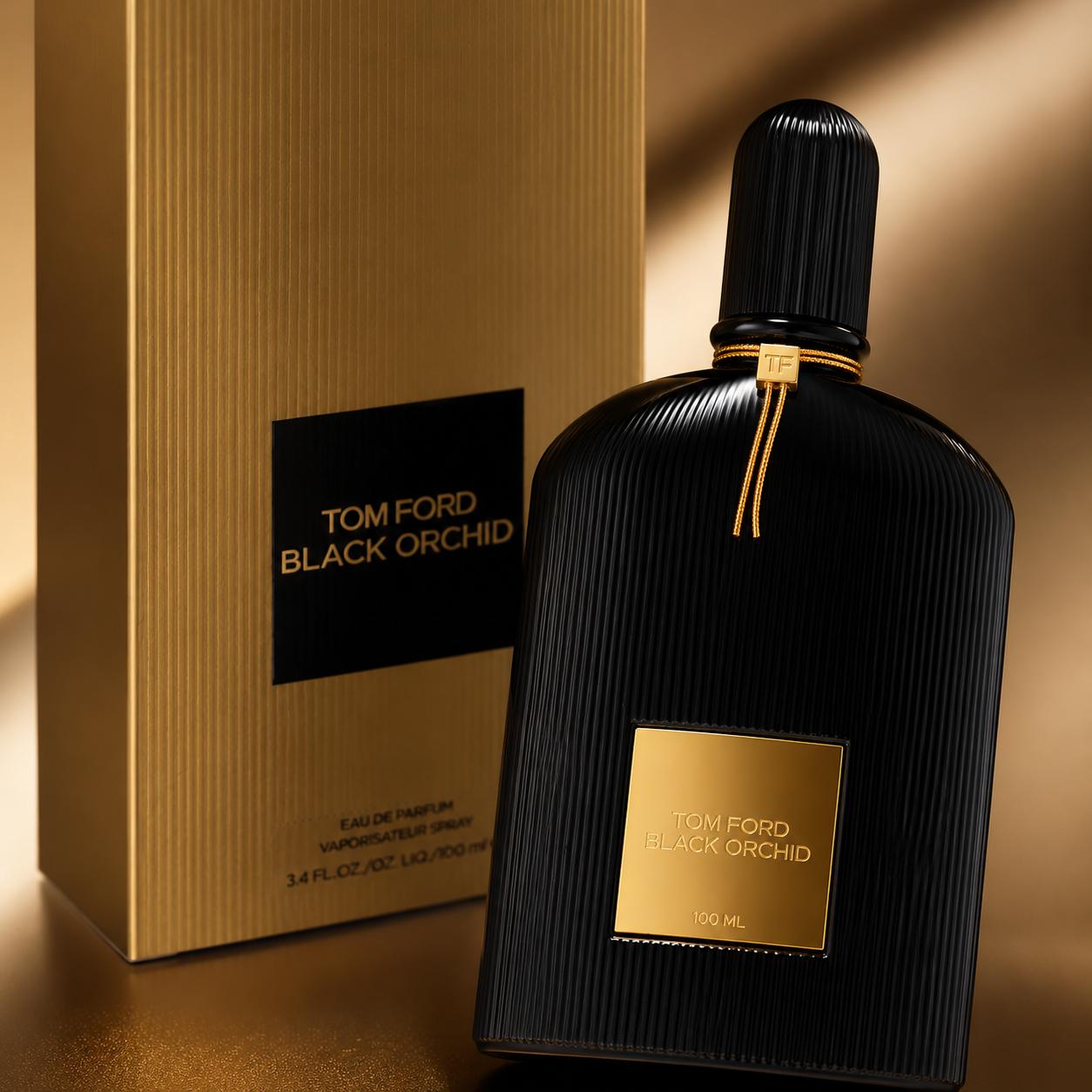 Close-up view of Black Orchid Eau De Parfum bottle highlighting premium texture, craftsmanship, luxury finish, and elegant gold details.