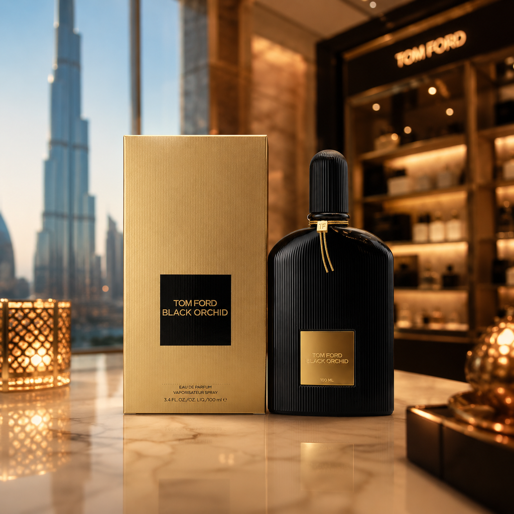 Luxury Black Orchid perfume displayed in elegant Dubai-inspired luxury interior with premium golden lighting and sophisticated ambiance.