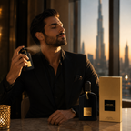 Elegant luxury fragrance campaign featuring Black Orchid Eau De Parfum in a premium lifestyle environment with sophisticated fashion styling.