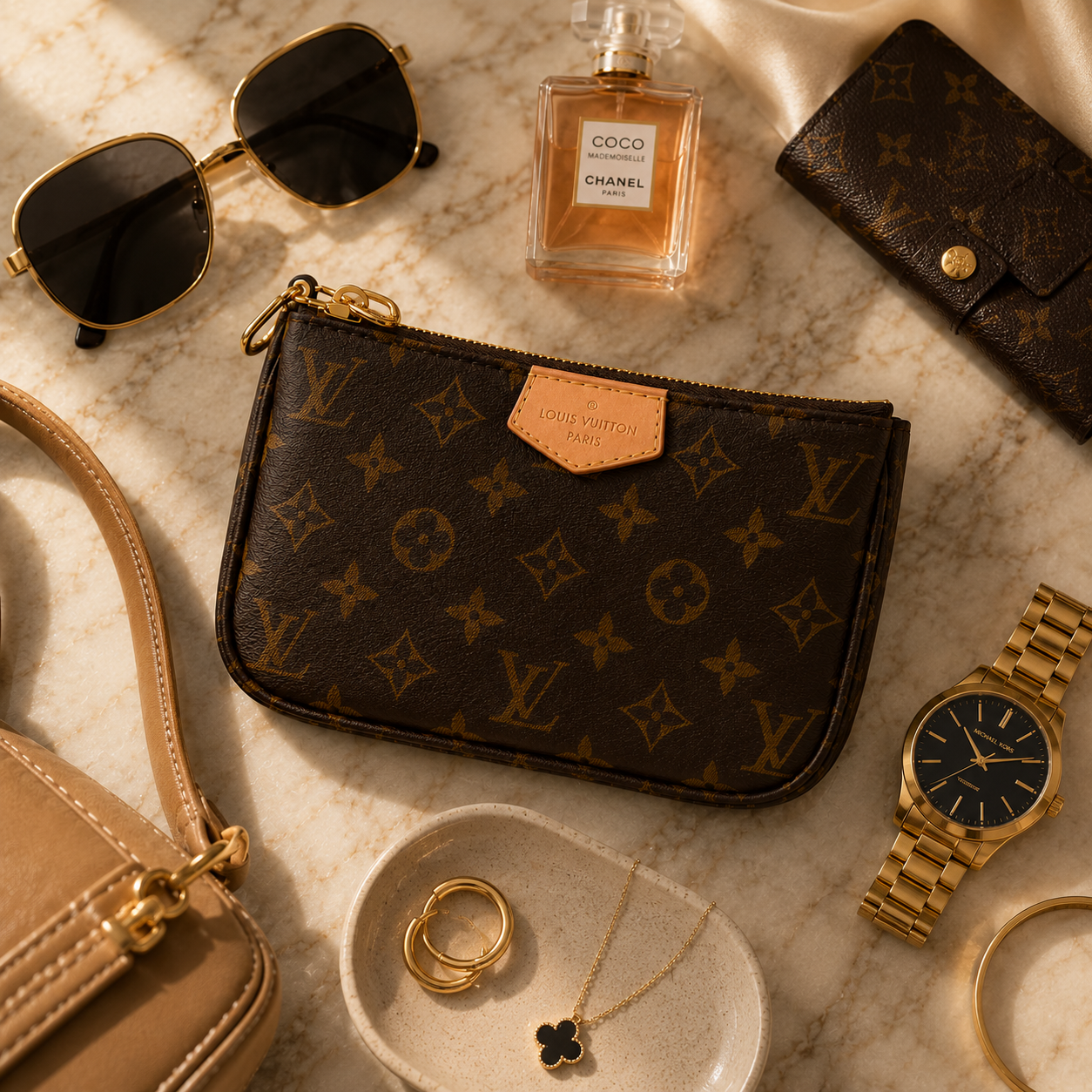 A Louis Vuitton monogram zip pouch in dark brown coated canvas with a tan leather logo tab, styled in a luxury flat-lay arrangement on a marble surface with sunglasses, a Chanel perfume bottle, a wallet, a watch, rings, and a small handbag.