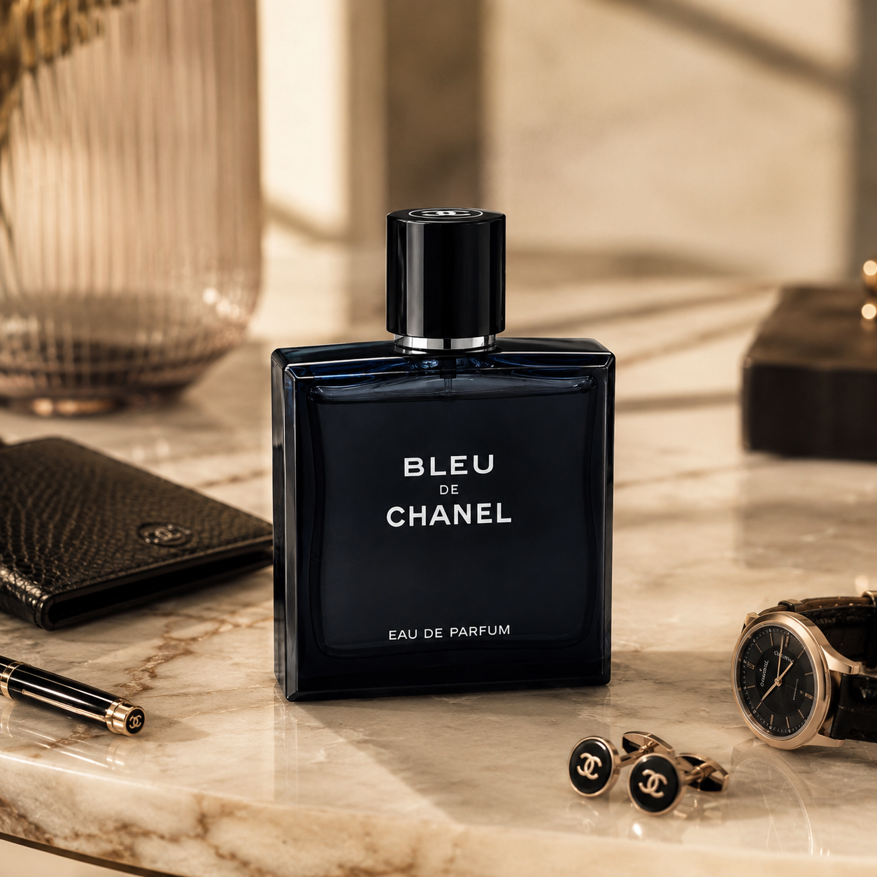Luxury men's fragrance displayed on elegant marble surface with premium accessories creating a sophisticated lifestyle composition.
