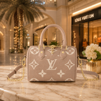 Beige luxury handbag displayed inside elegant gift box with ribbon and tissue paper