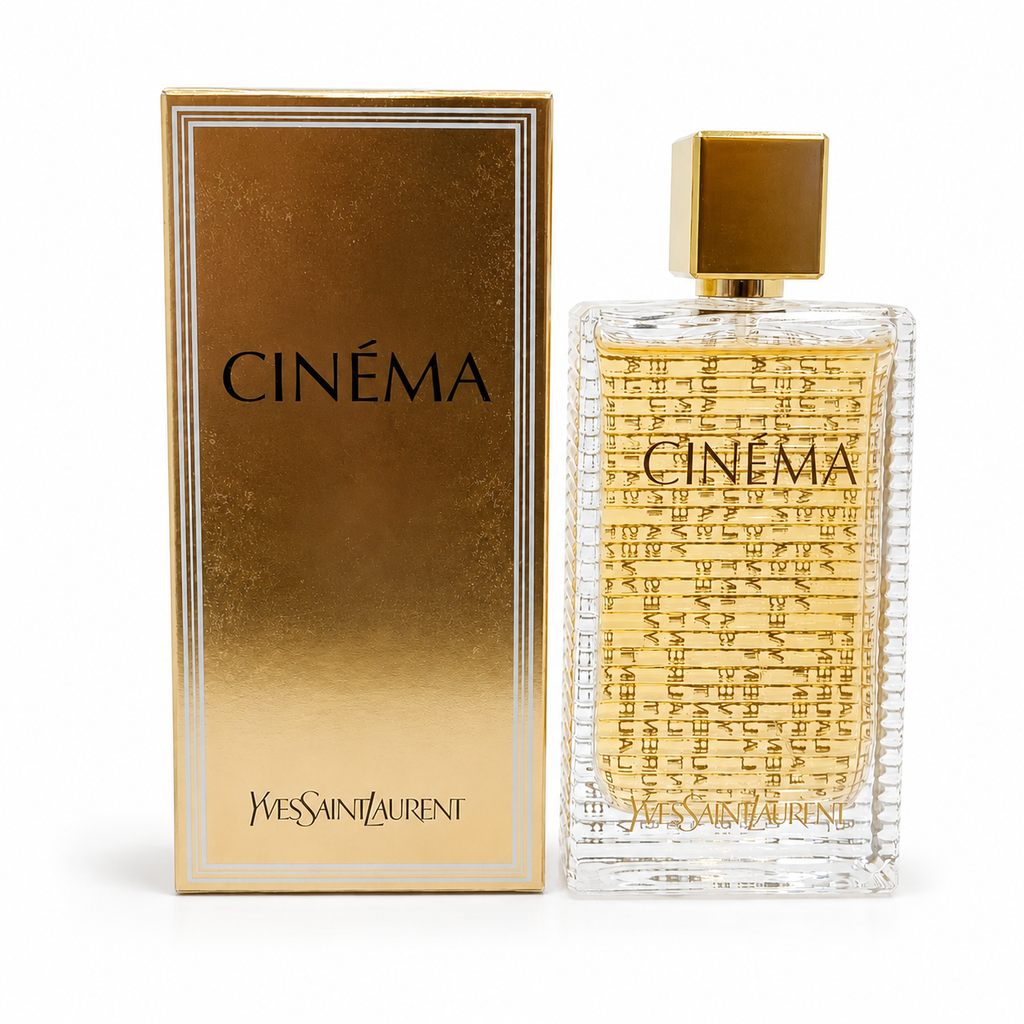 Luxury Cinema perfume bottle and gold packaging on clean white background