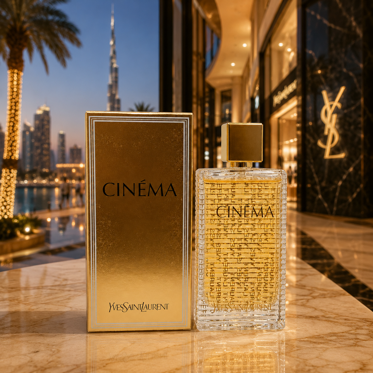 Cinema perfume displayed in elegant Dubai luxury lifestyle environment