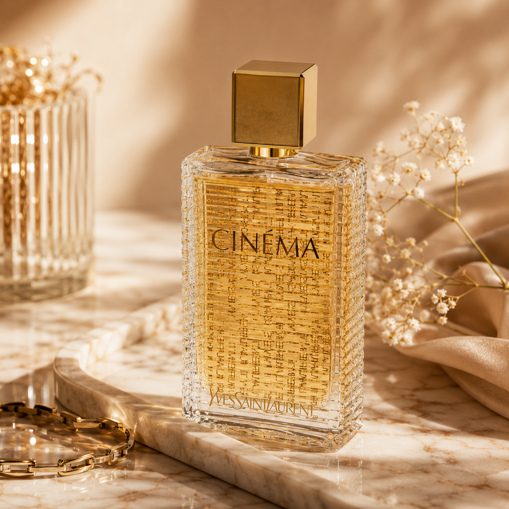 Cinema perfume styled on marble surface with soft beige luxury aesthetic