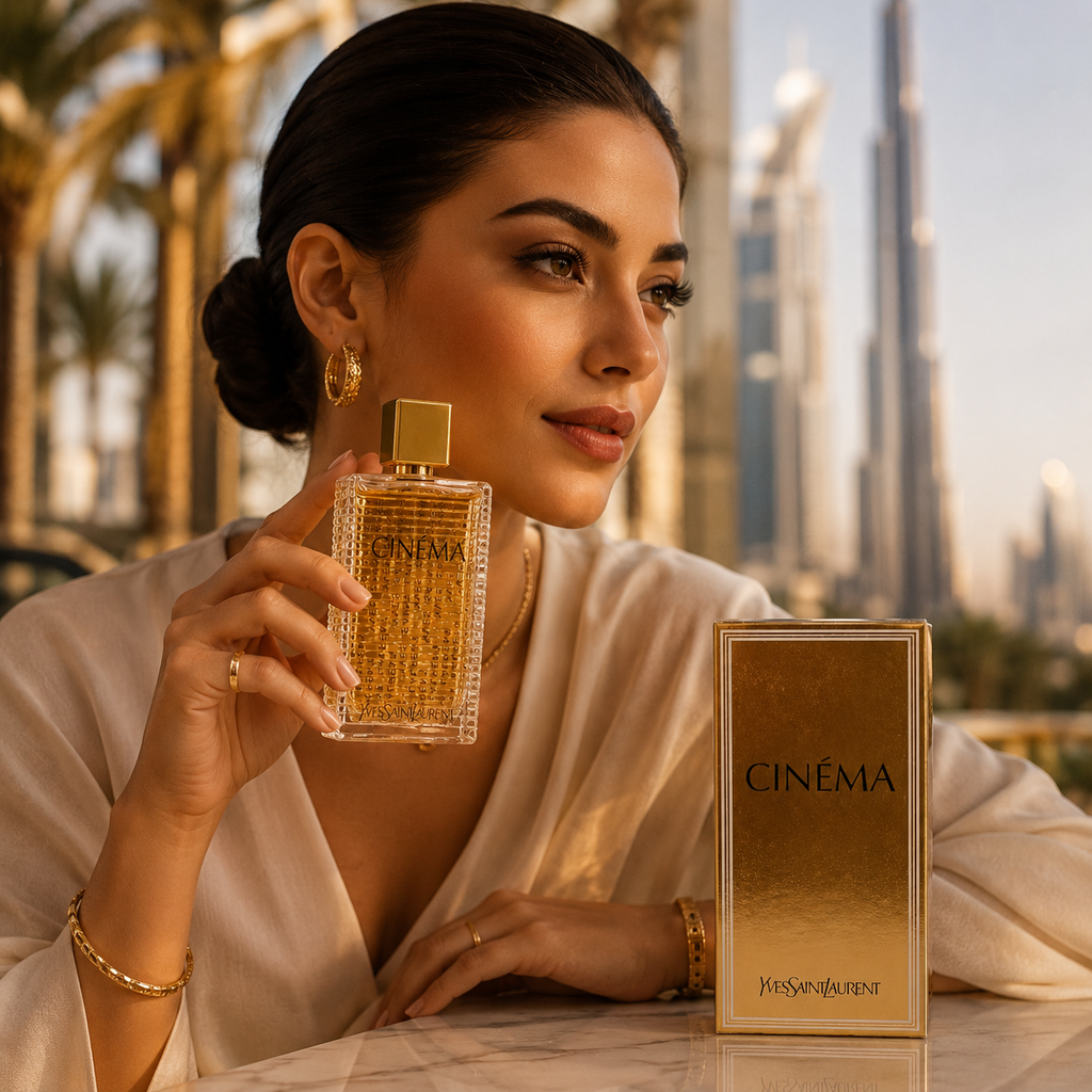 Elegant woman holding Cinema luxury perfume in Dubai-inspired fashion scene