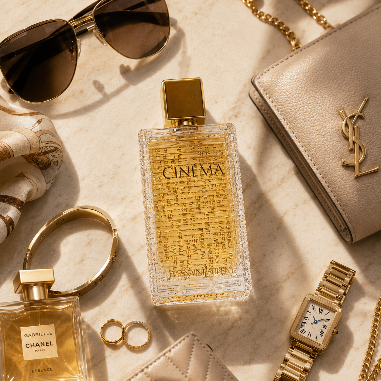 Luxury flatlay featuring Cinema perfume with sunglasses, jewelry, and accessories