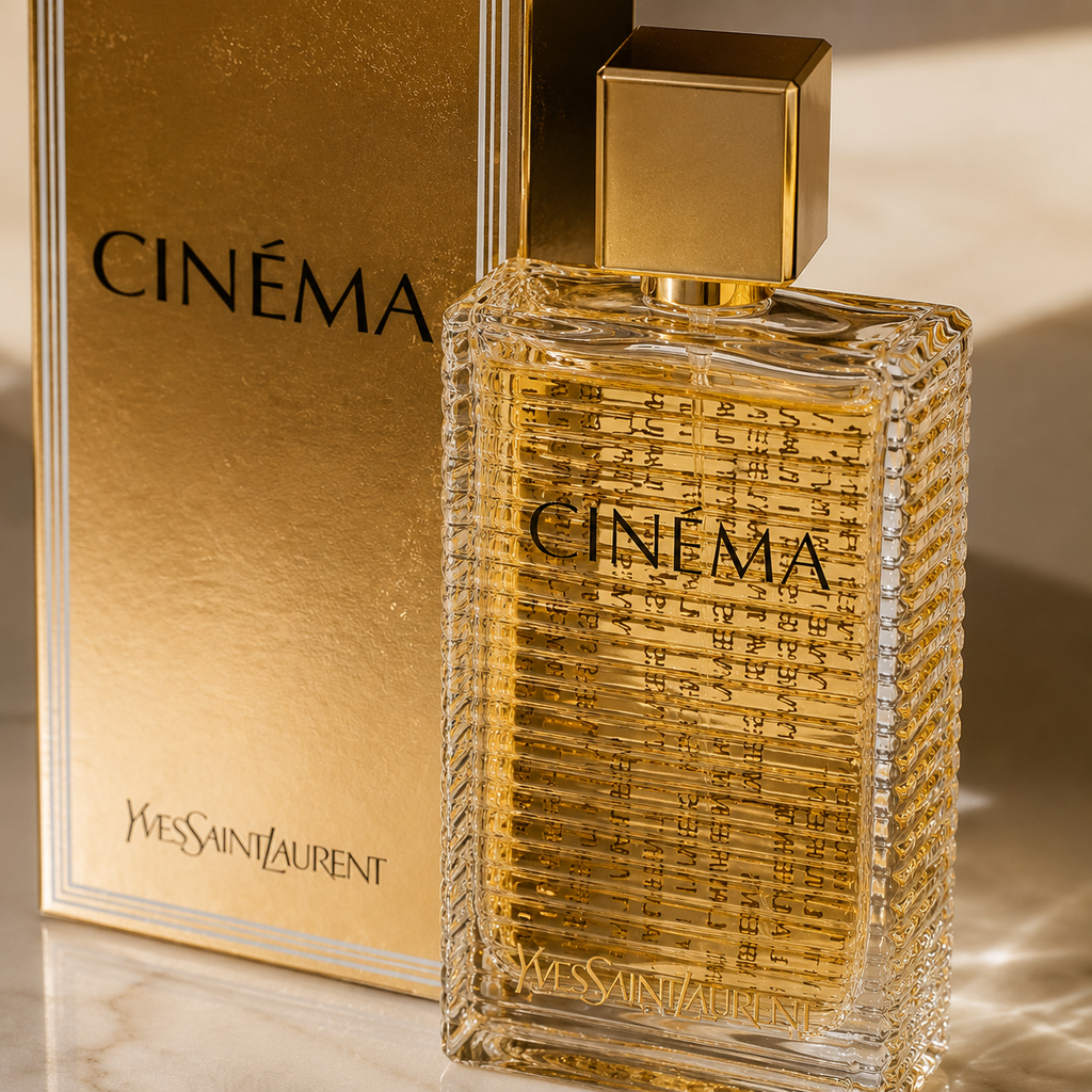 Close-up macro shot of Cinema perfume bottle with premium gold detailing