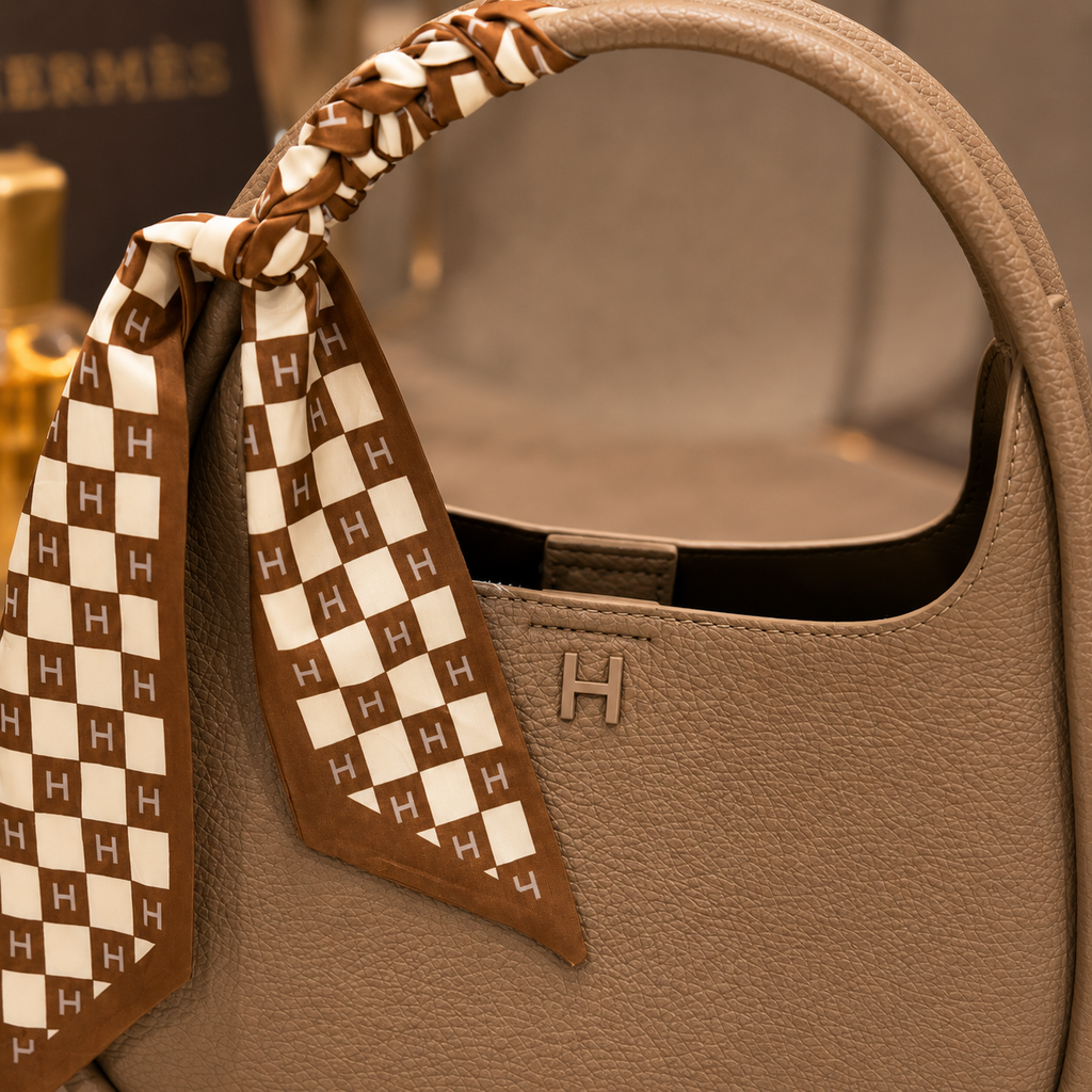 Close-up of a taupe leather handbag with a matching taupe and cream checkered silk handle wrap tied around the handle, featuring an embossed H logo on the front.