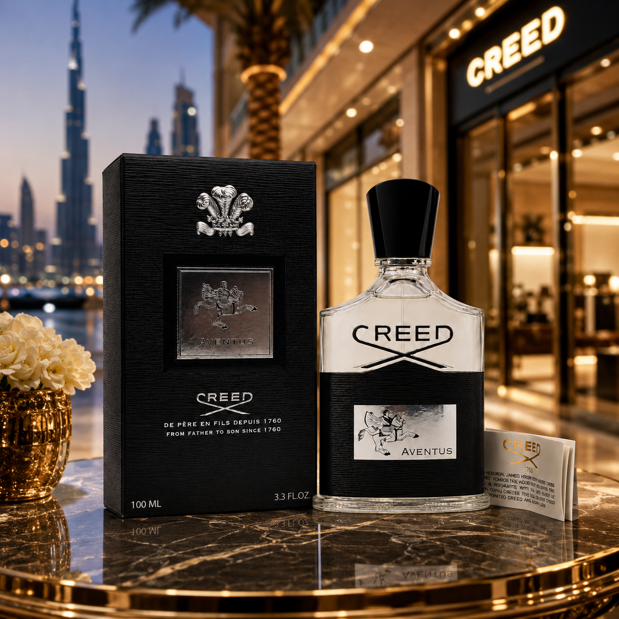 Creed Aventus luxury fragrance displayed in elegant Dubai-inspired luxury boutique environment.
